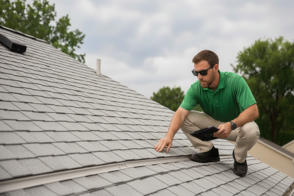 Roofer inspecting a roof for damage